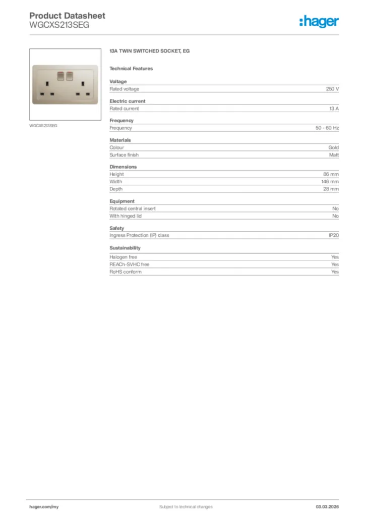 Image Hager Product data sheet WGCXS213SEG  | Hager