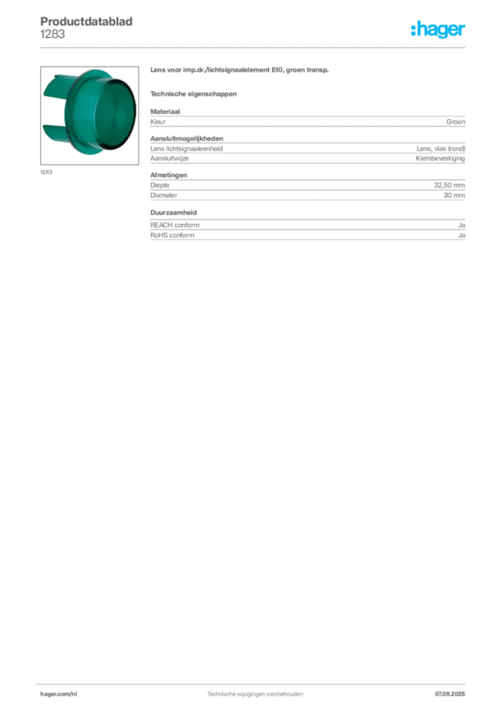 Afbeelding Hager Productdatablad 1283 | Hager Nederland