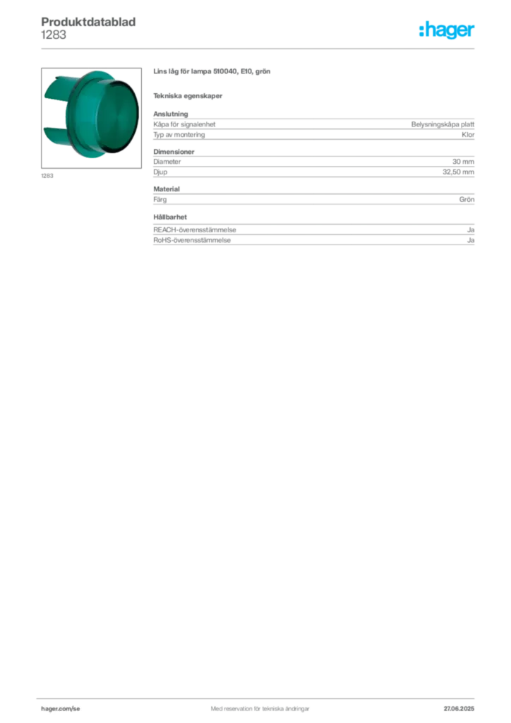 Bild Hager Produktdatablad 1283 | Hager Sverige