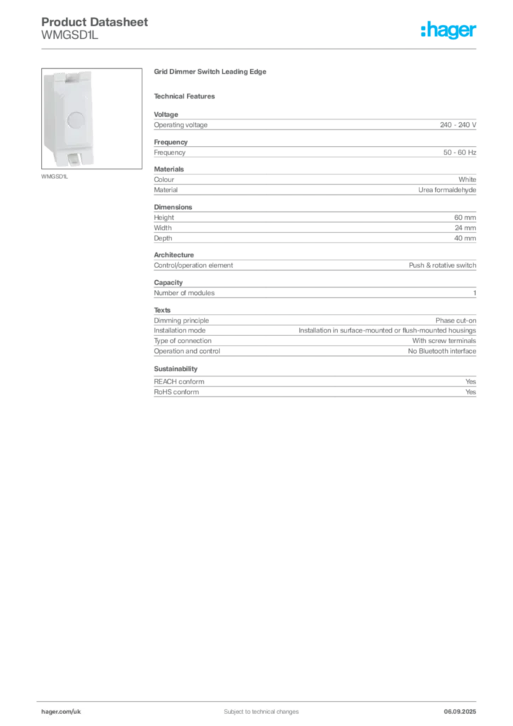 Image Hager Product data sheet WMGSD1L  | Hager