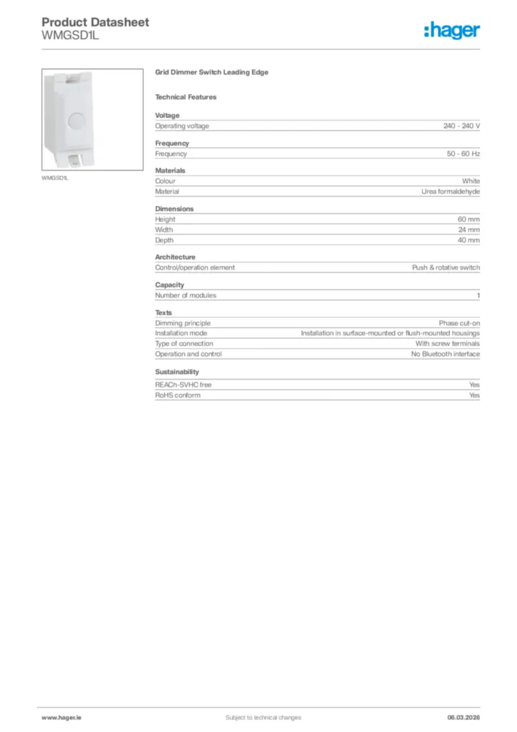 Image Hager Product data sheet WMGSD1L  | Hager