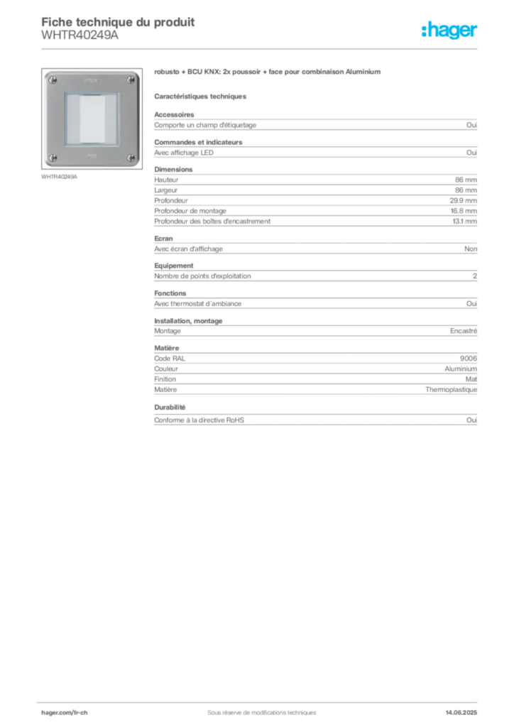 Image Hager Fiche technique du produit WHTR40249A | Hager Suisse