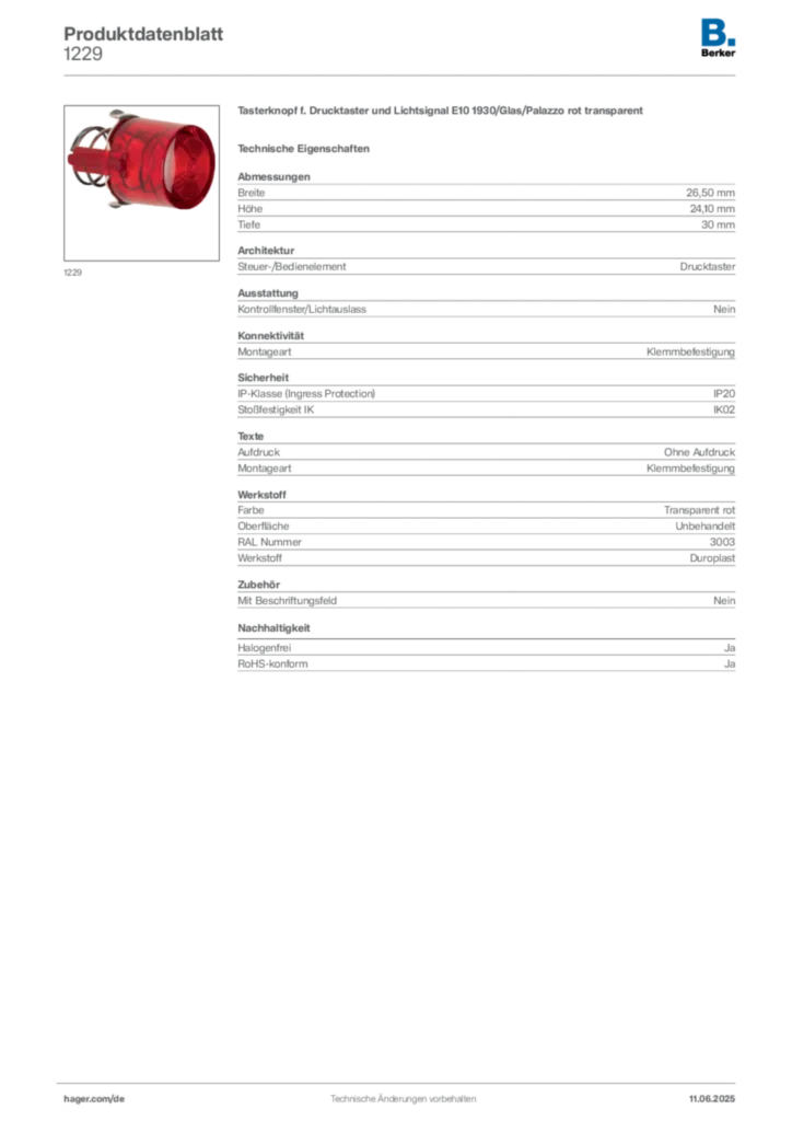 Bild Berker Produktdatenblatt 1229 | Hager Deutschland