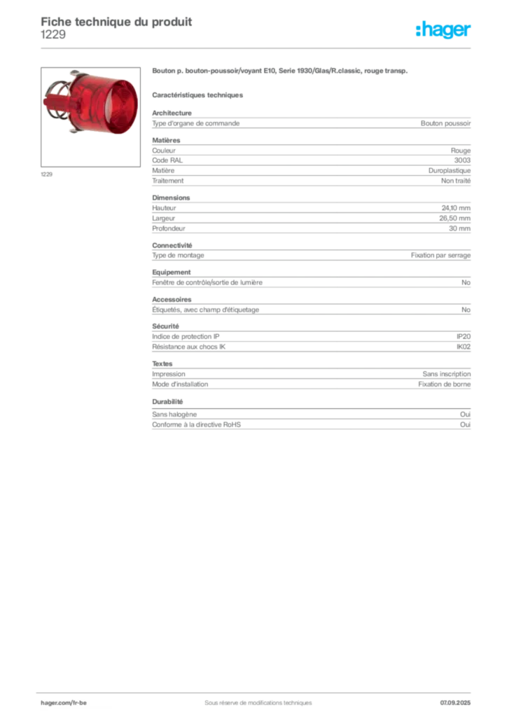 Image Hager Fiche technique du produit 1229 | Hager Belgique