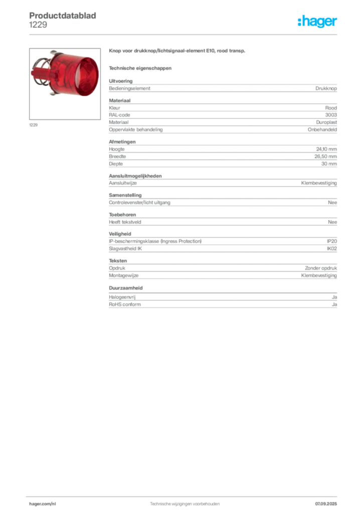 Afbeelding Hager Productdatablad 1229 | Hager Nederland