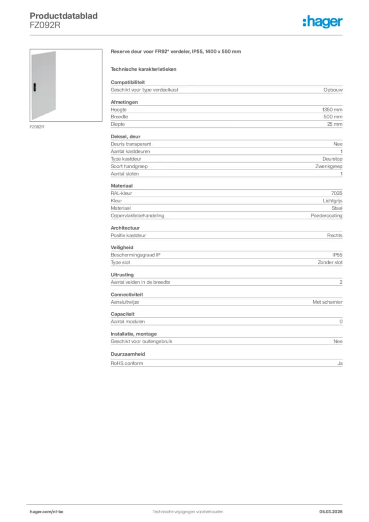 Afbeelding Hager Productdatablad FZ092R | Hager Belgium