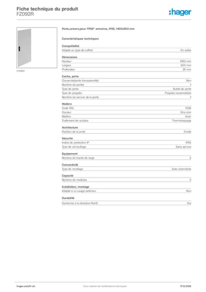 Image Hager Fiche technique du produit FZ092R | Hager Suisse