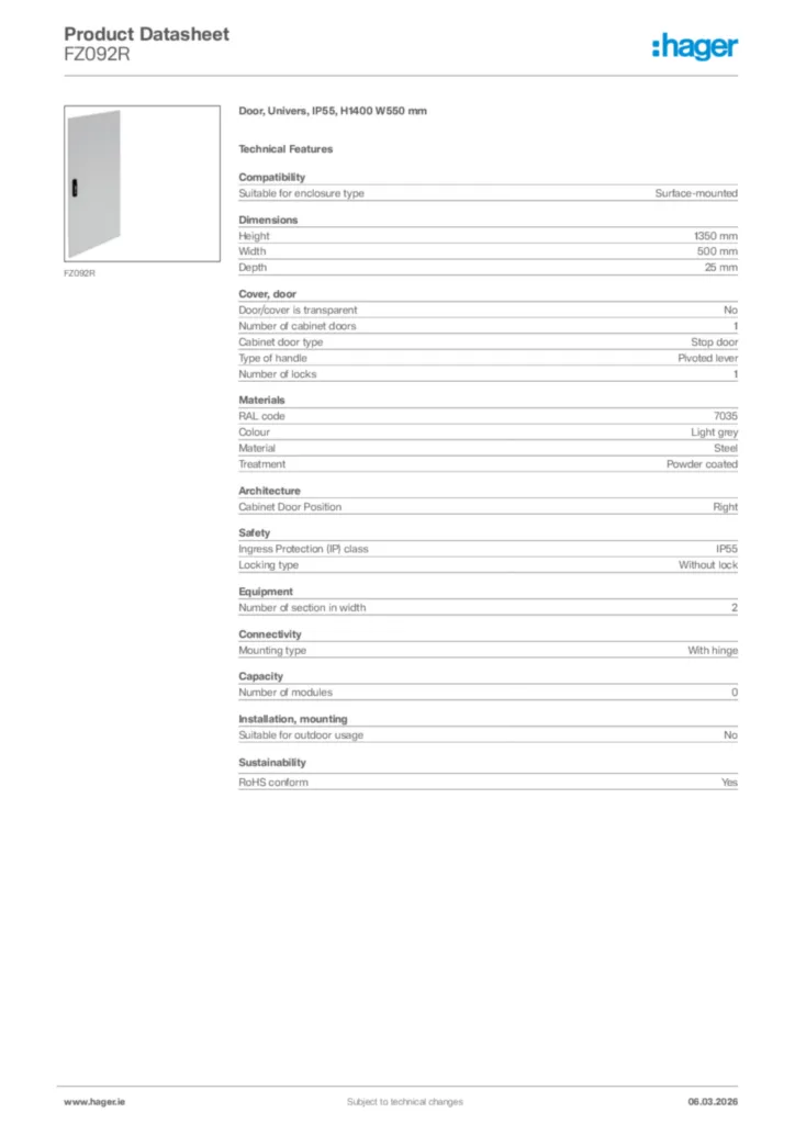 Image Hager Product data sheet FZ092R  | Hager