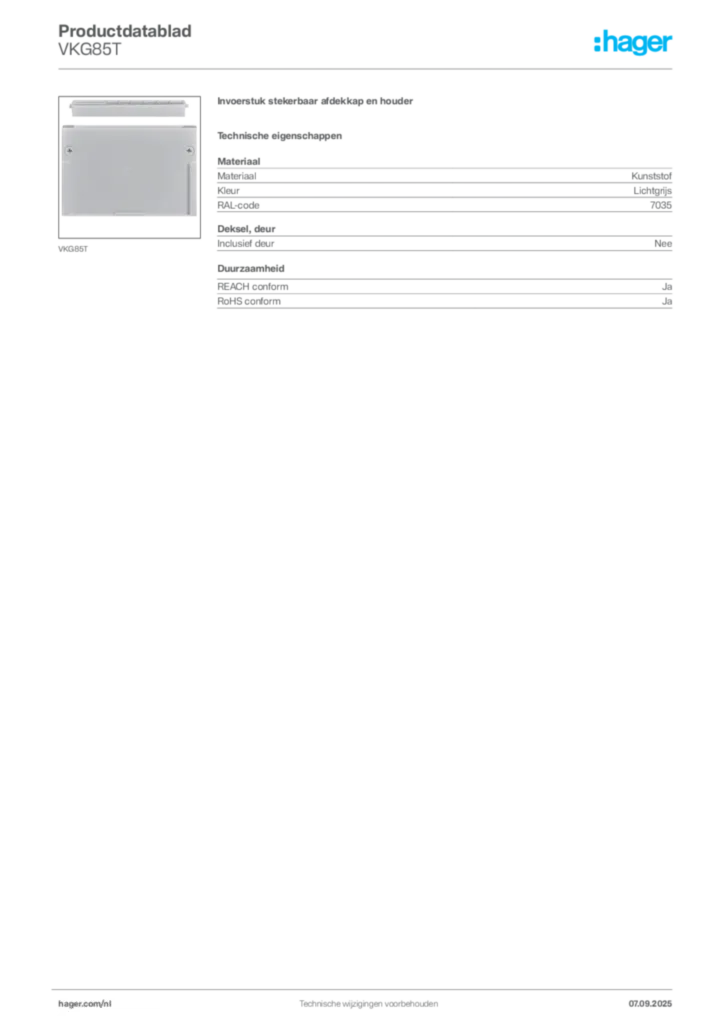 Afbeelding Hager Productdatablad VKG85T | Hager Nederland
