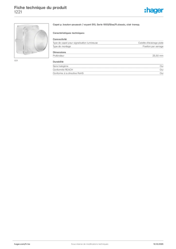 Image Hager Fiche technique du produit 1221 | Hager Belgique