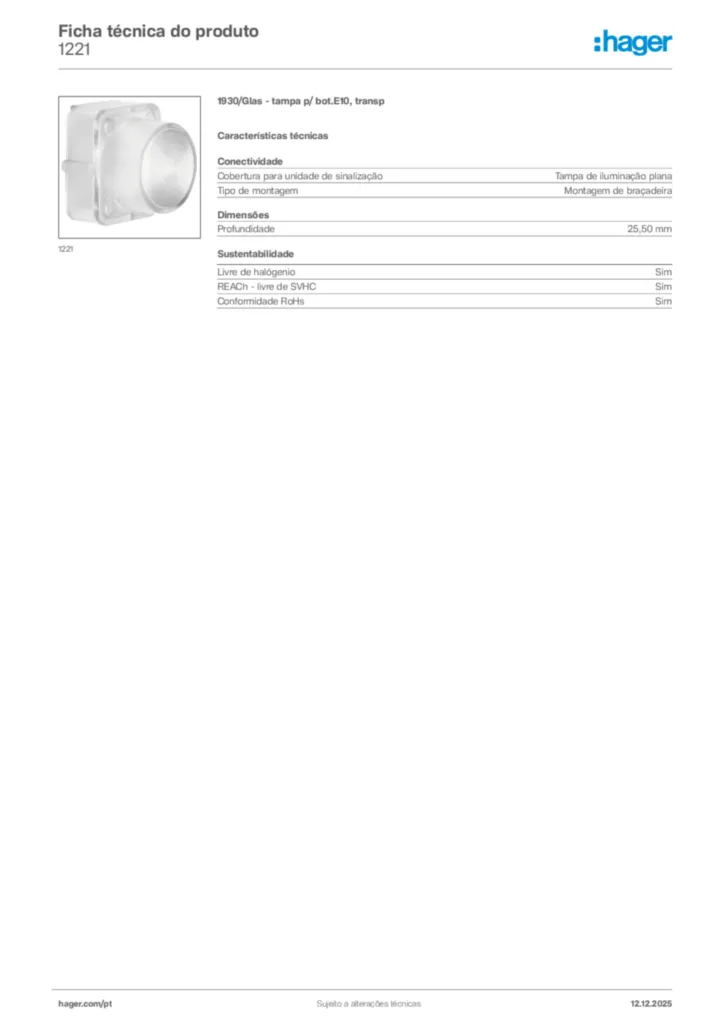 Imagem Hager Ficha técnica do produto 1221 | Hager Portugal