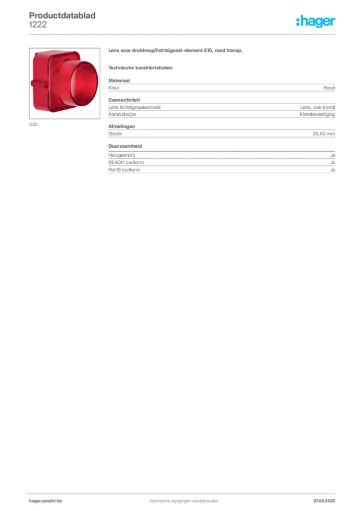 Afbeelding Hager Productdatablad 1222 | Hager Belgium
