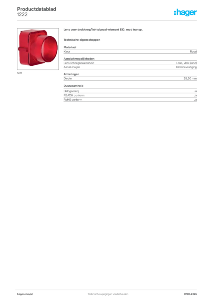 Afbeelding Hager Productdatablad 1222 | Hager Nederland