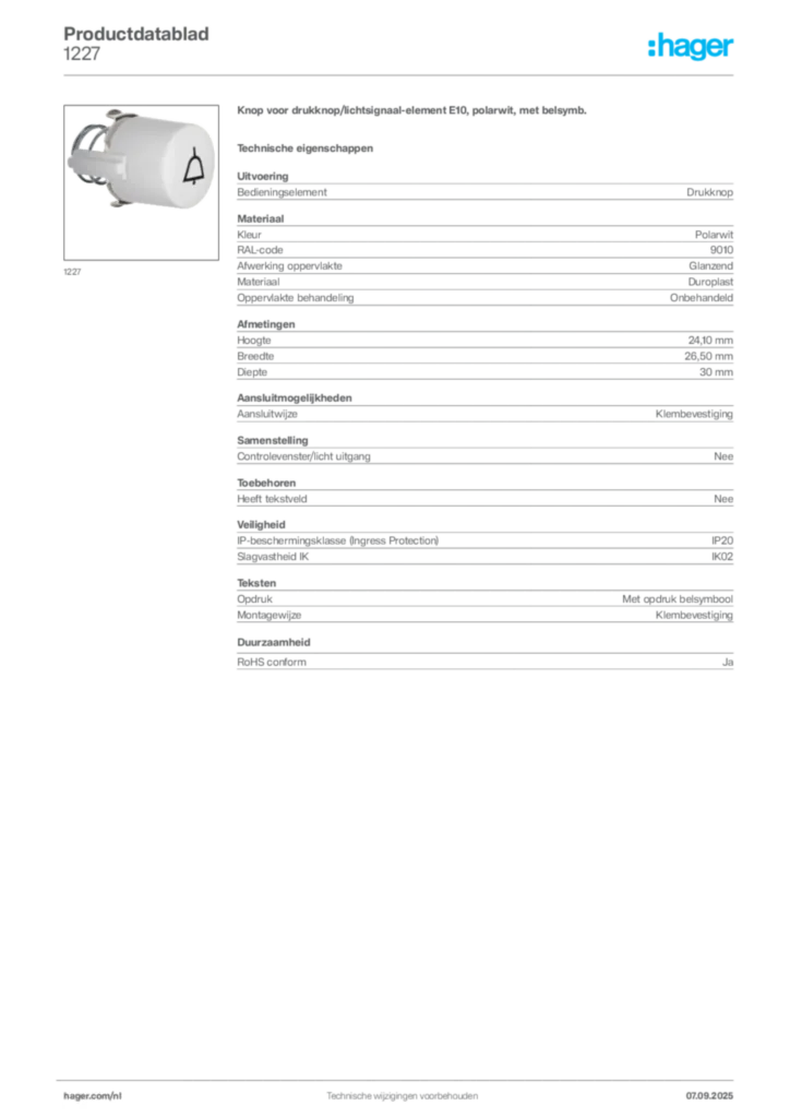 Afbeelding Hager Productdatablad 1227 | Hager Nederland