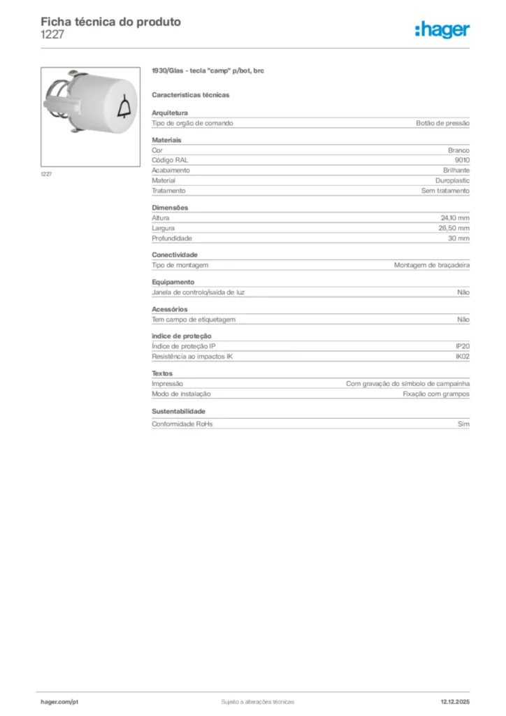 Imagem Hager Ficha técnica do produto 1227 | Hager Portugal