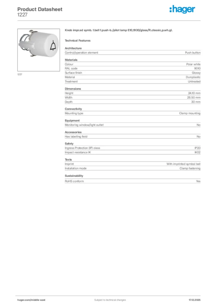 Image Hager Product data sheet 1227  | Hager