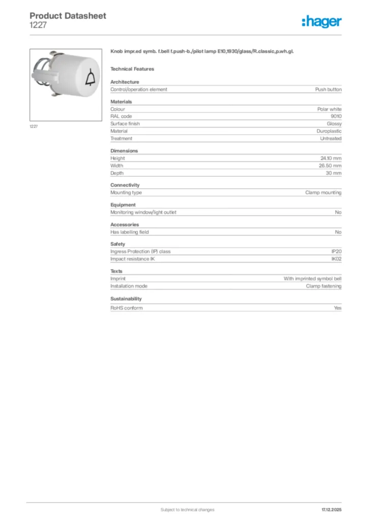 Image Hager Product data sheet 1227  | Hager