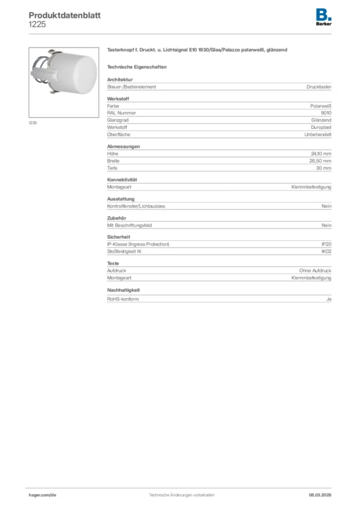 Bild Berker Produktdatenblatt 1225 | Hager Deutschland