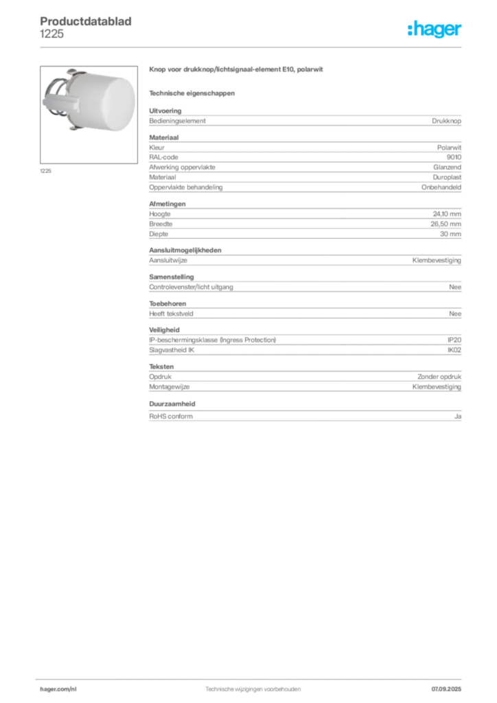 Afbeelding Hager Productdatablad 1225 | Hager Nederland