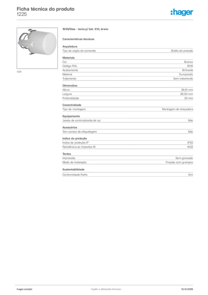 Imagem Hager Ficha técnica do produto 1225 | Hager Portugal