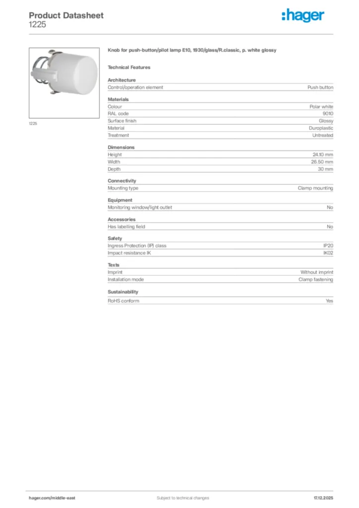 Image Hager Product data sheet 1225  | Hager
