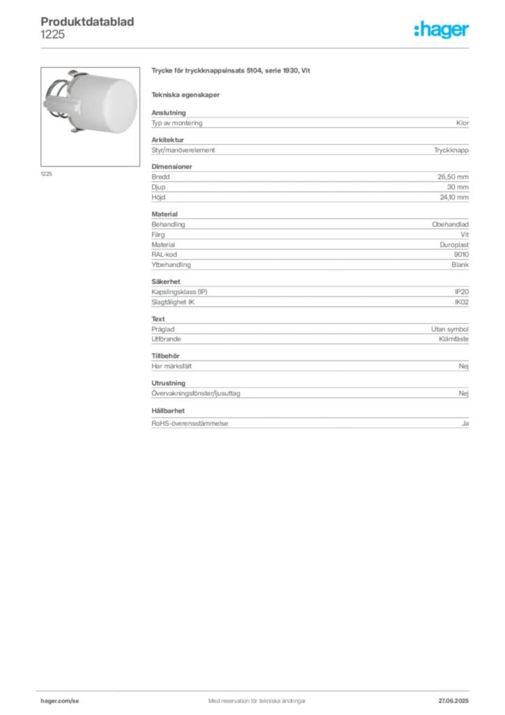Bild Hager Produktdatablad 1225 | Hager Sverige