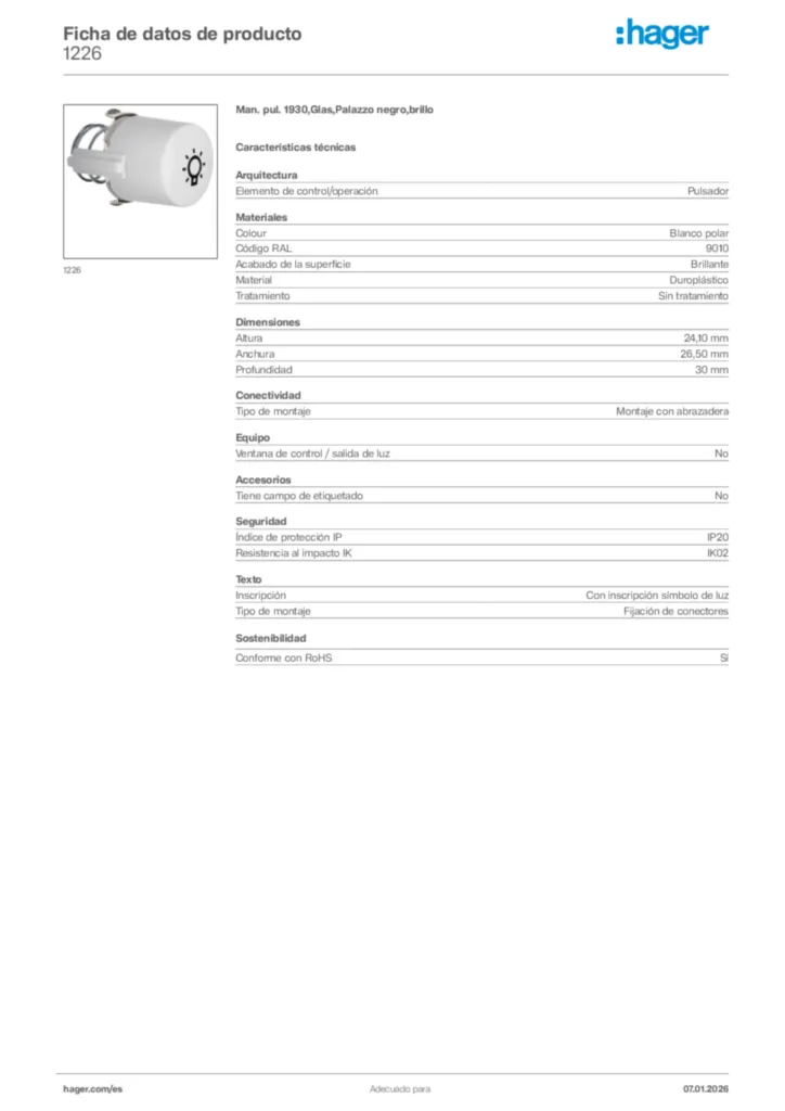 Imagen Hager Ficha de datos de producto 1226 | Hager España