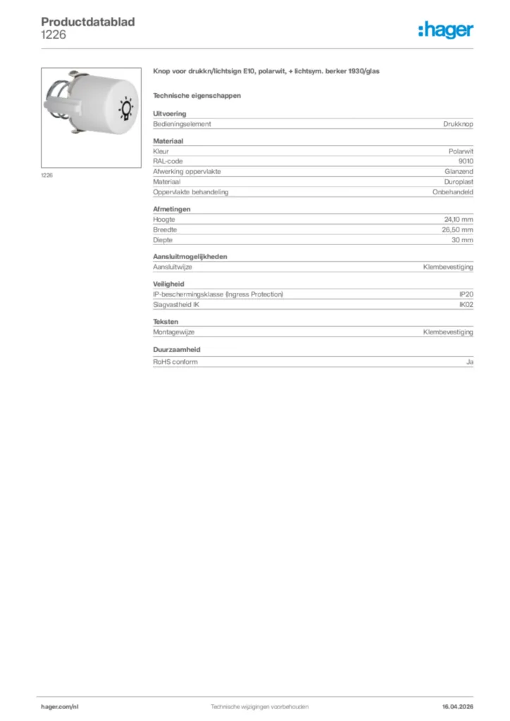 Afbeelding Hager Productdatablad 1226 | Hager Nederland