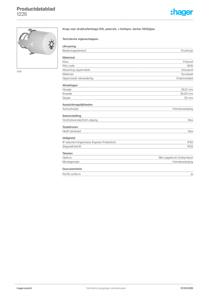 Afbeelding Hager Productdatablad 1226 | Hager Nederland