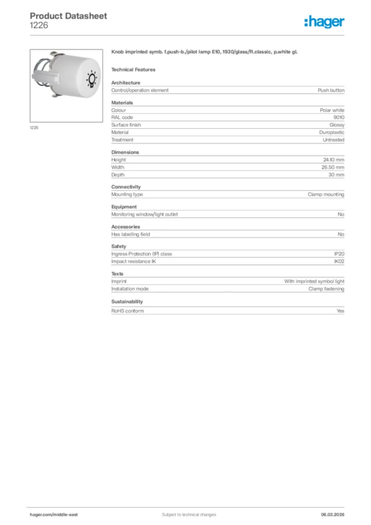Image Hager Product data sheet 1226  | Hager