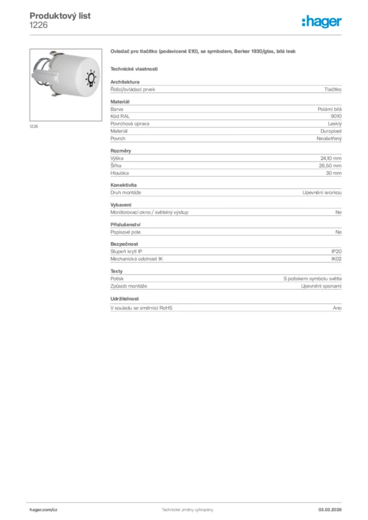 Obrázek Hager Product data sheet 1226 | Hager