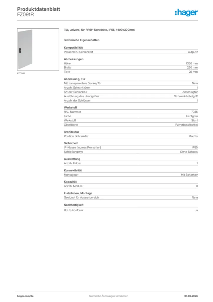 Bild Hager Produktdatenblatt FZ091R | Hager Deutschland