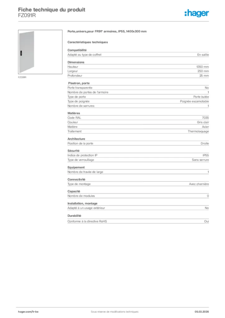 Image Hager Fiche technique du produit FZ091R | Hager Belgique