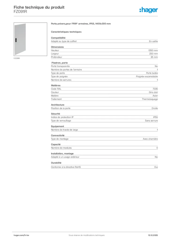 Image Hager Fiche technique du produit FZ091R | Hager Belgique