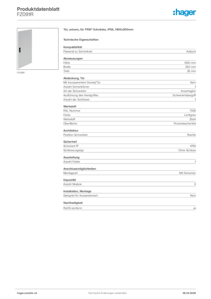 Bild Hager Produktdatenblatt FZ091R | Hager Schweiz