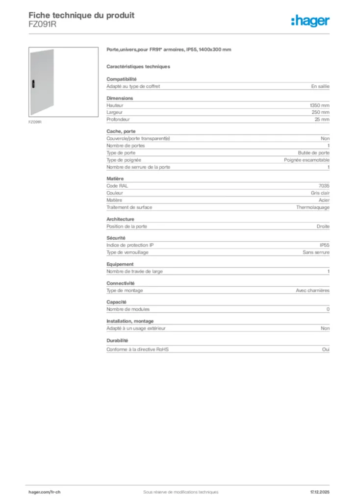 Image Hager Fiche technique du produit FZ091R | Hager Suisse