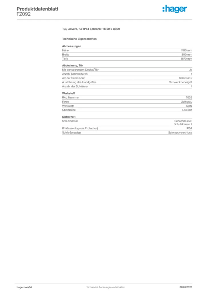 Bild Hager Produktdatenblatt FZ092 | Hager Deutschland