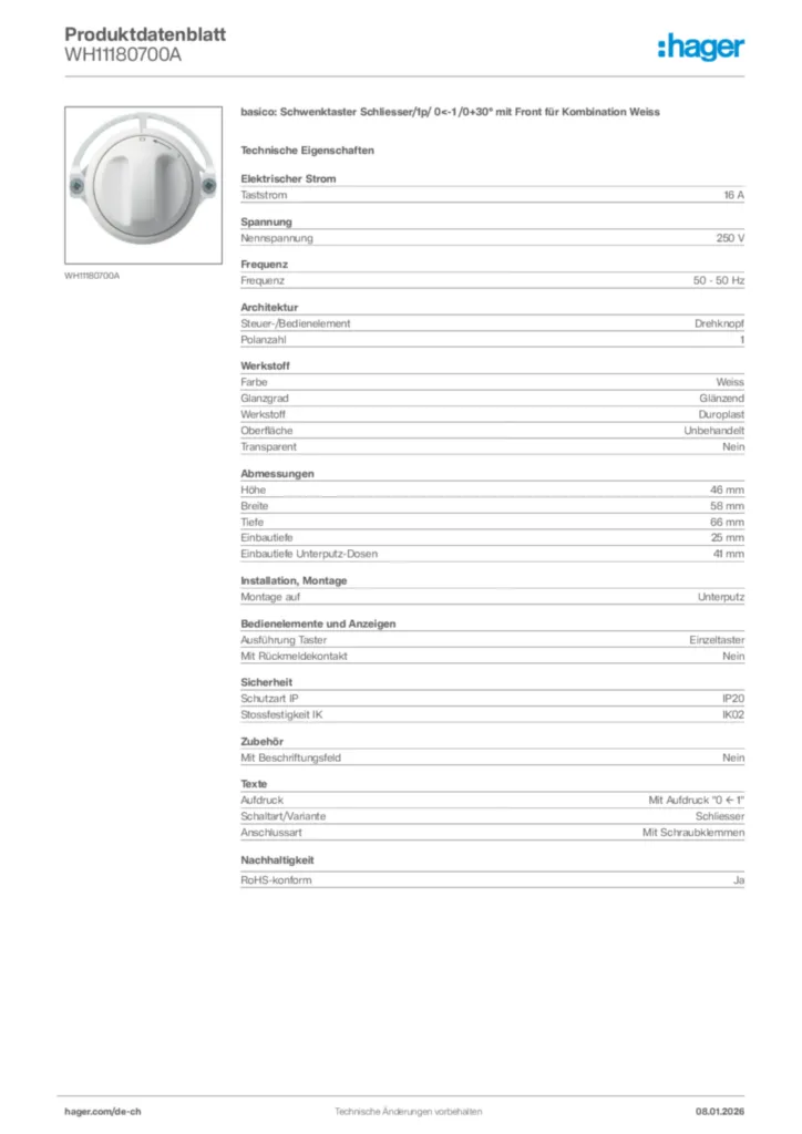Bild Hager Produktdatenblatt WH11180700A | Hager Schweiz