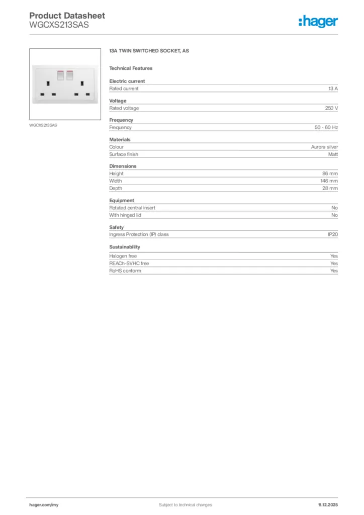 Image Hager Product data sheet WGCXS213SAS  | Hager