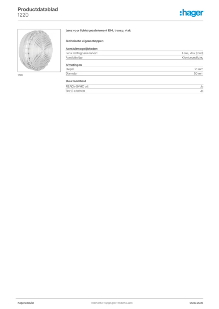 Afbeelding Hager Productdatablad 1220 | Hager Nederland