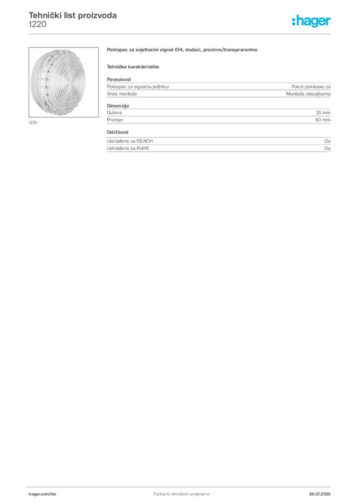 Slika Hager Product data sheet 1220  | Hager