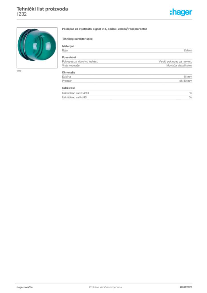 Slika Hager Product data sheet 1232  | Hager