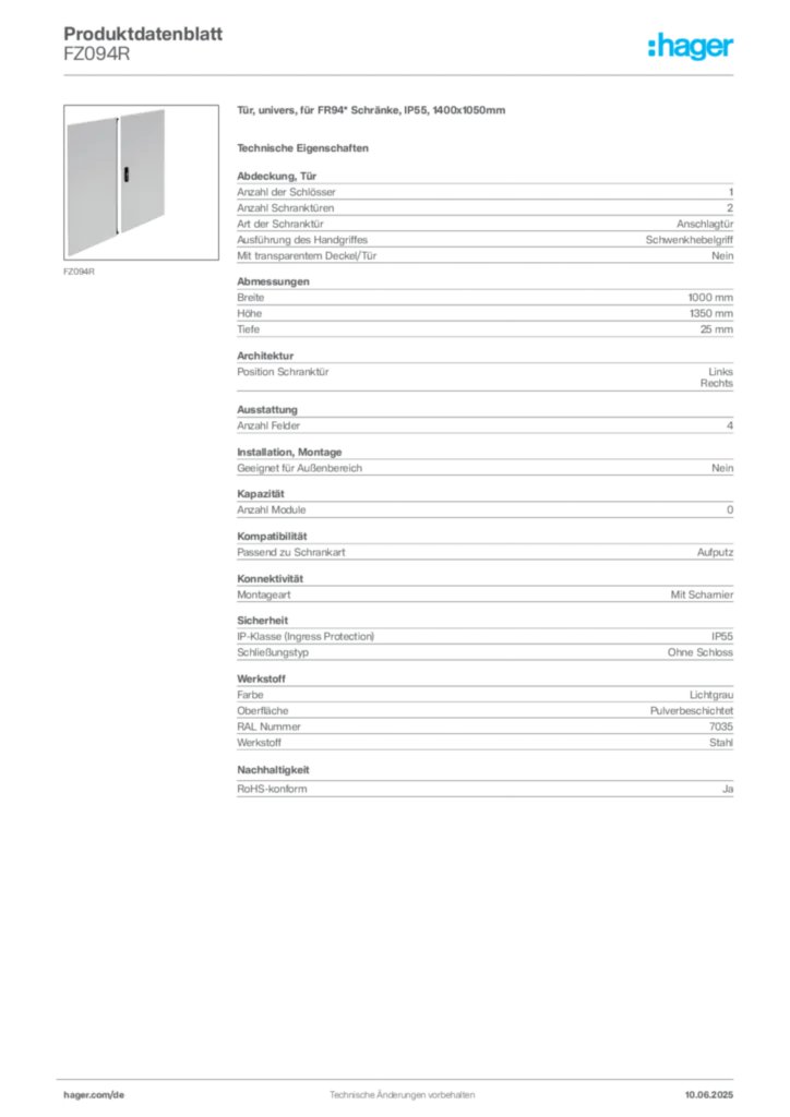 Hager Produktdatenblatt FZ094R