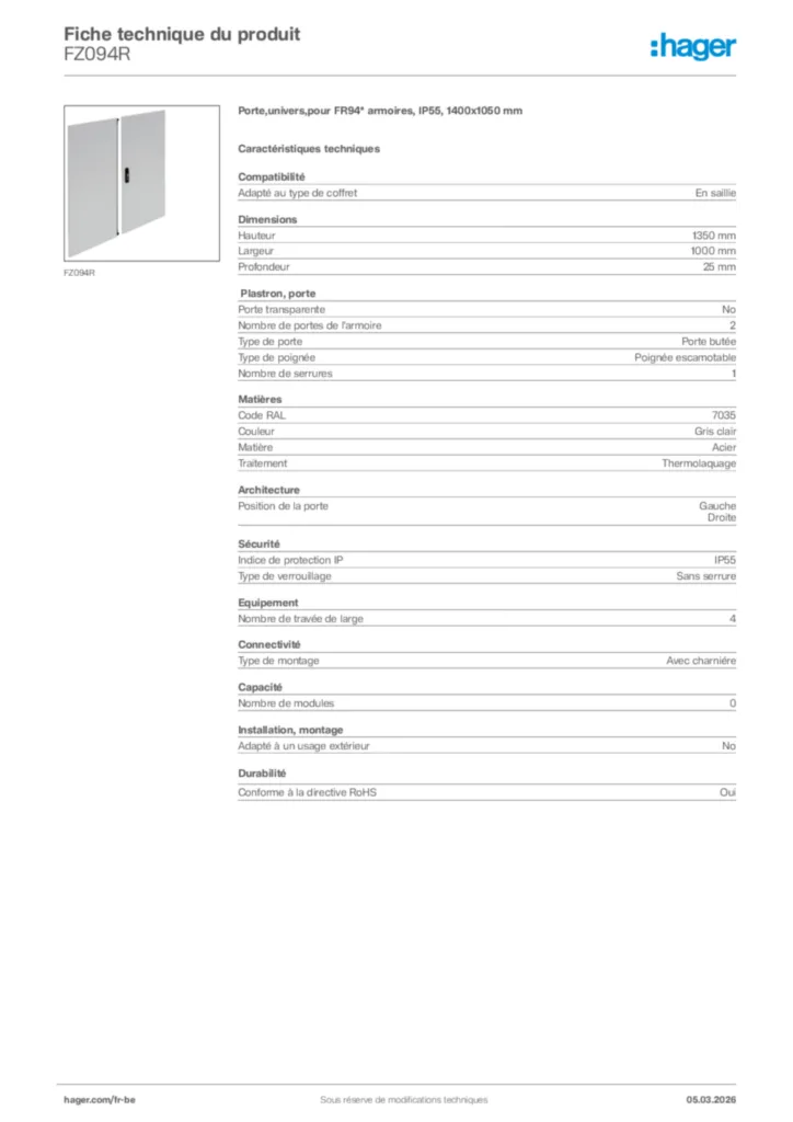Image Hager Fiche technique du produit FZ094R | Hager Belgique