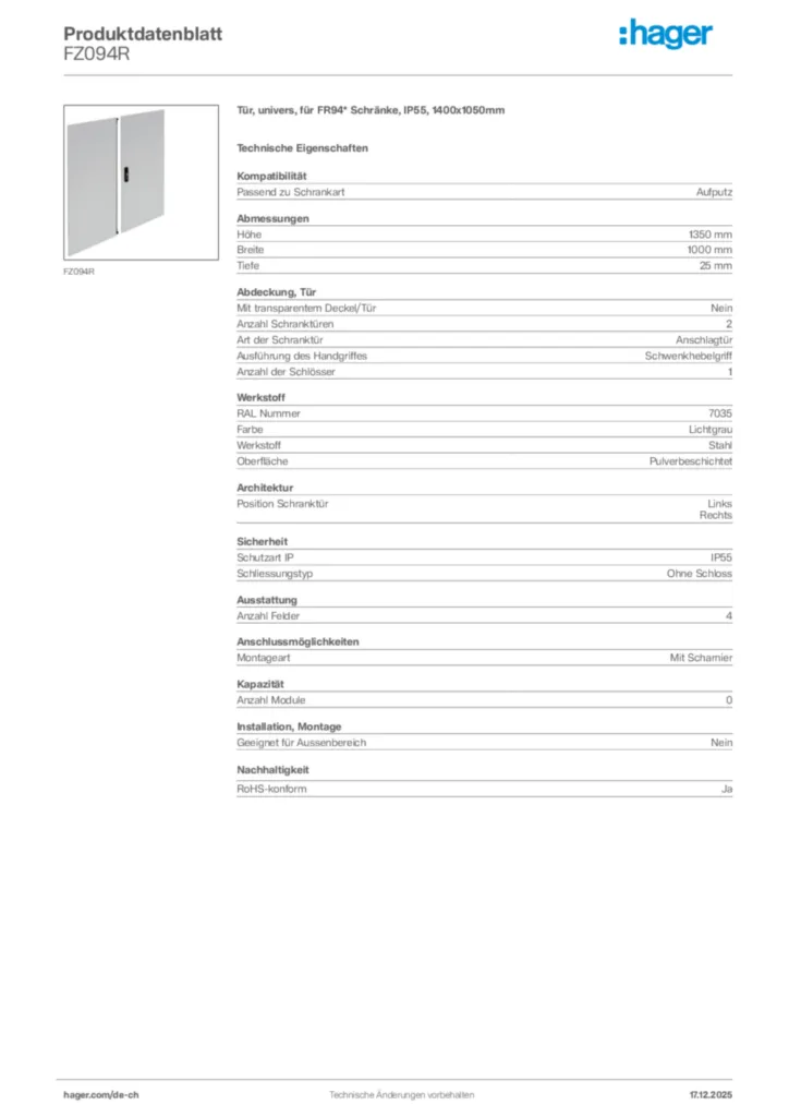 Bild Hager Produktdatenblatt FZ094R | Hager Schweiz