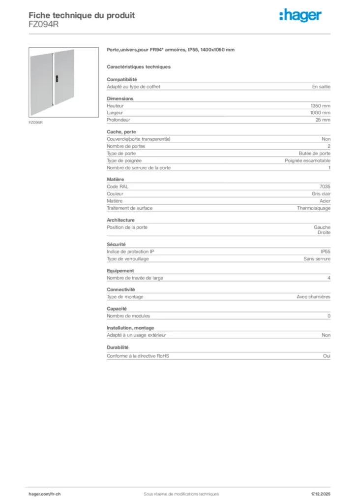 Image Hager Fiche technique du produit FZ094R | Hager Suisse
