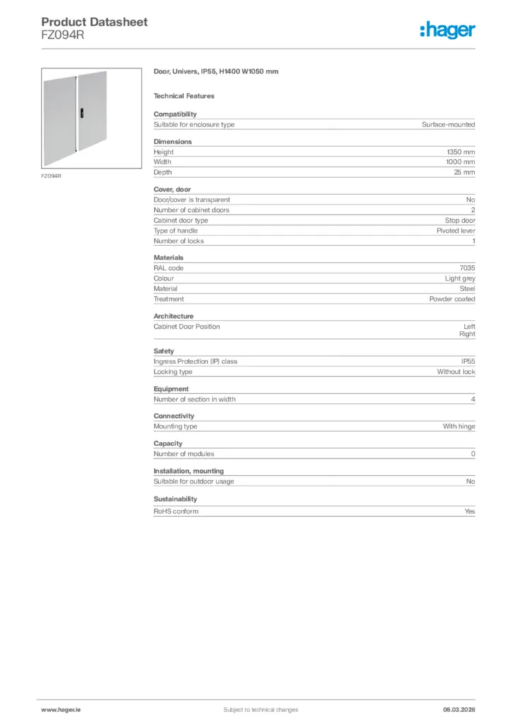 Image Hager Product data sheet FZ094R  | Hager