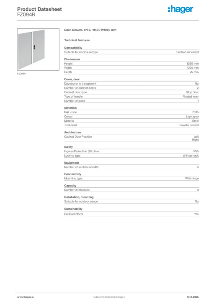 Image Hager Product data sheet FZ094R  | Hager