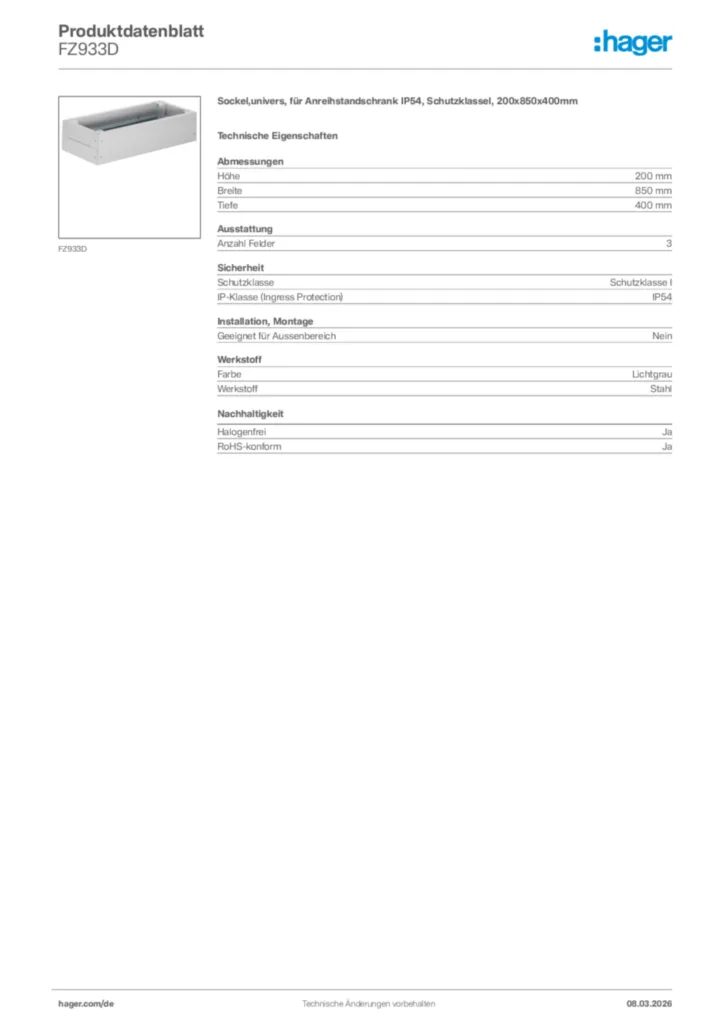 Bild Hager Produktdatenblatt FZ933D | Hager Deutschland