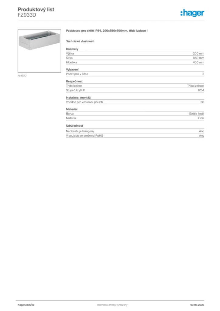 Obrázek Hager Product data sheet FZ933D | Hager